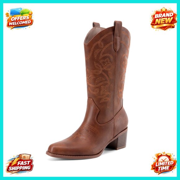 Western Cowgirl Boots Chunky Heel Embroidery Stitched Mid Calf Fashion
